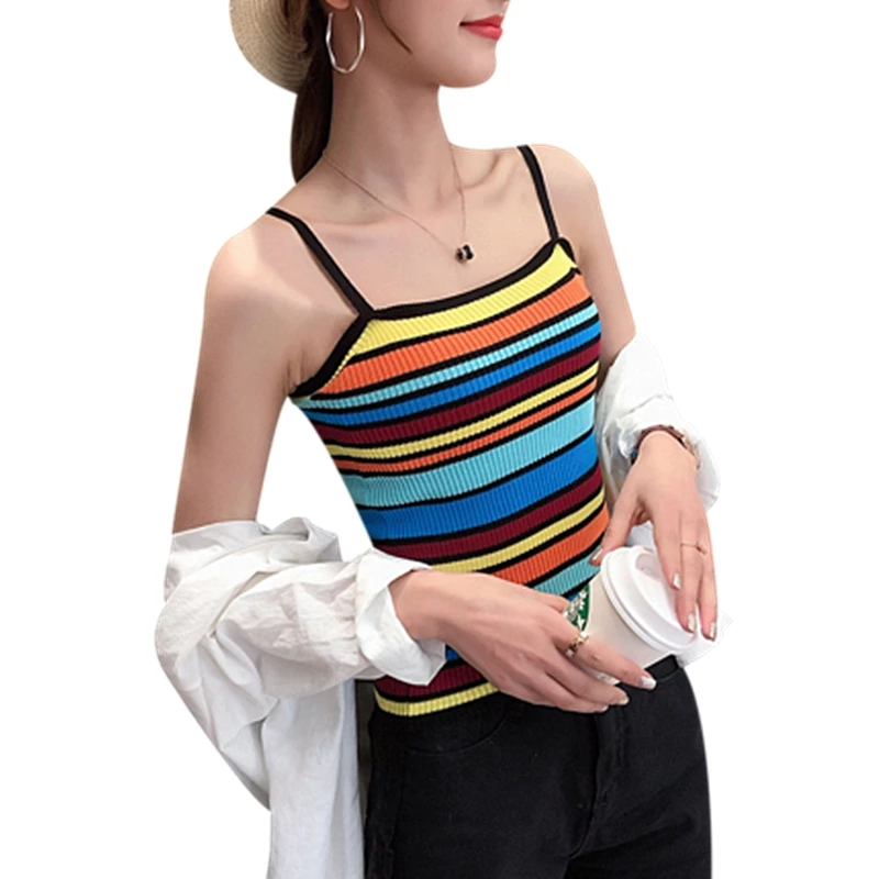 

Thai Halter Top Summer Bottoming Vest Thin Section Sexy Short Section Ice Silk Color Striped Sweater Inside Fashion Slim Wild