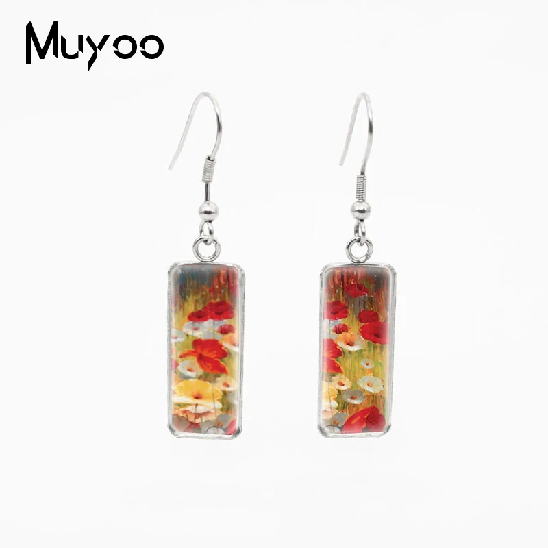 Vintage Red Flowers Paintings Rectangle Fish Hook Earrings Charming Flower Jewelry Stainless Steel Pedants Womens | Украшения и