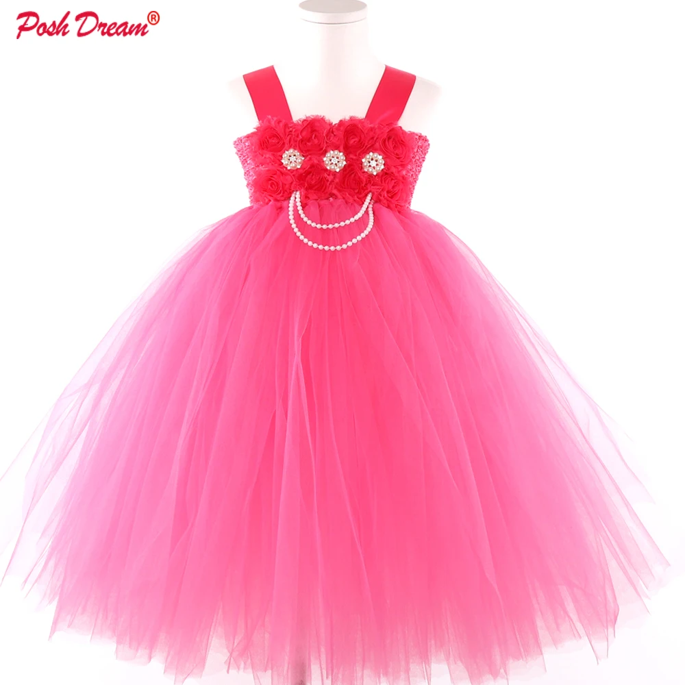 

POSH DREAM Floral Rose Pink Flower Children Party Tutu Dresses with Pearls Voile Tulle Toddler Baby Girls Birthday Clothes Dress