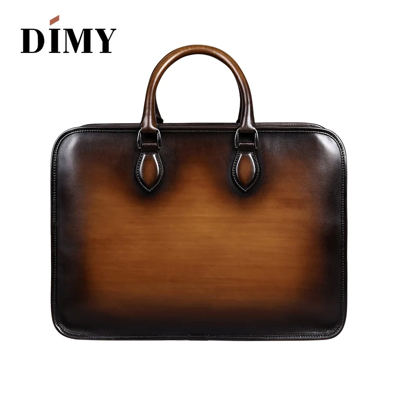 DIMY Hand Patina Leather Men's Briefcases Dutch Calfskin Handbag Business Bags Double Zipper Messenger Bag For Male Gentleman