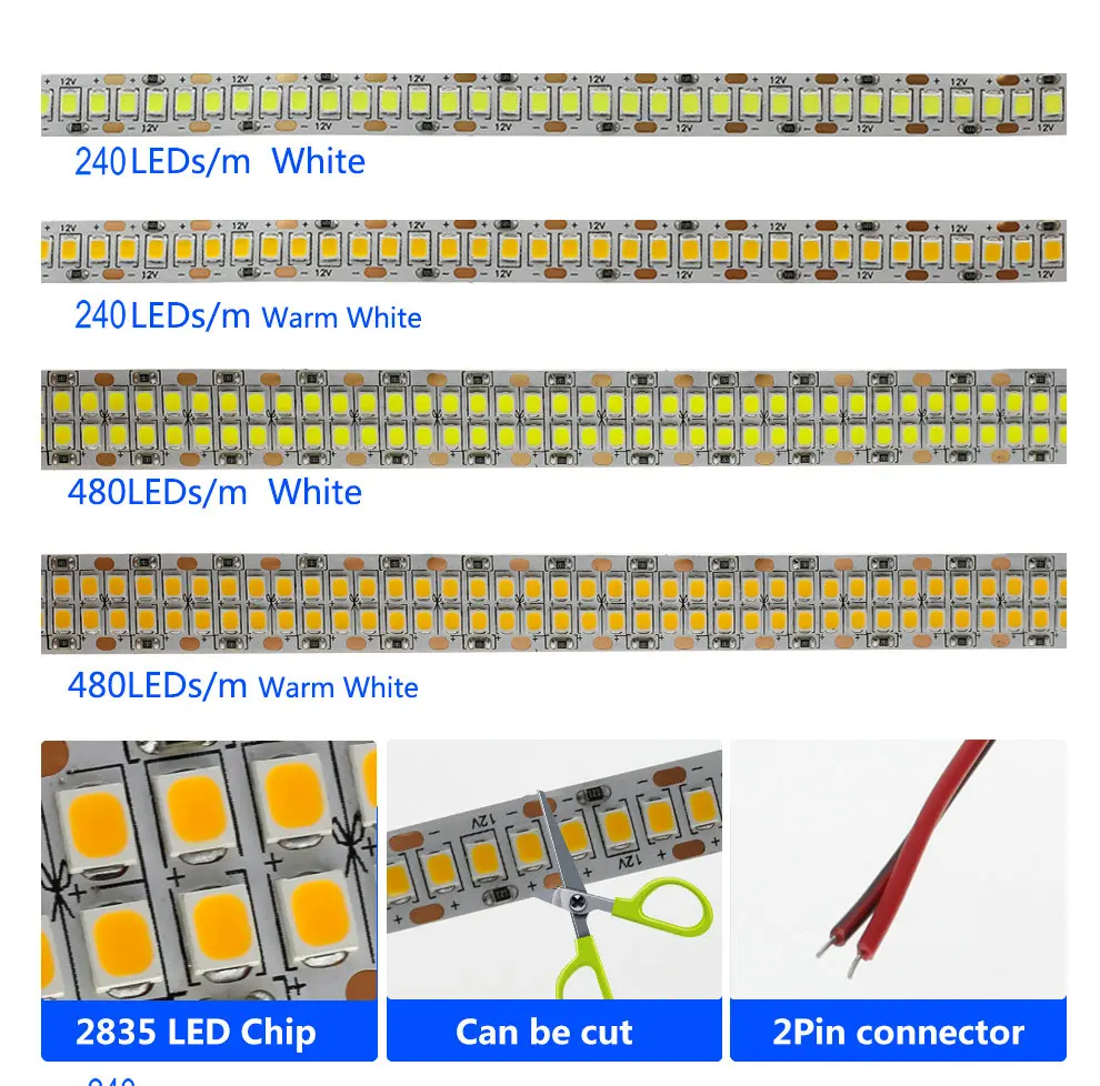 Светодиодная лента 2835 DC12V 240 светодиодный s/m 480 светодиодный s/m гибкий светодиодный светильник высокой яркости светодиодный ленточный светильник для украшения дома 5 м/лот