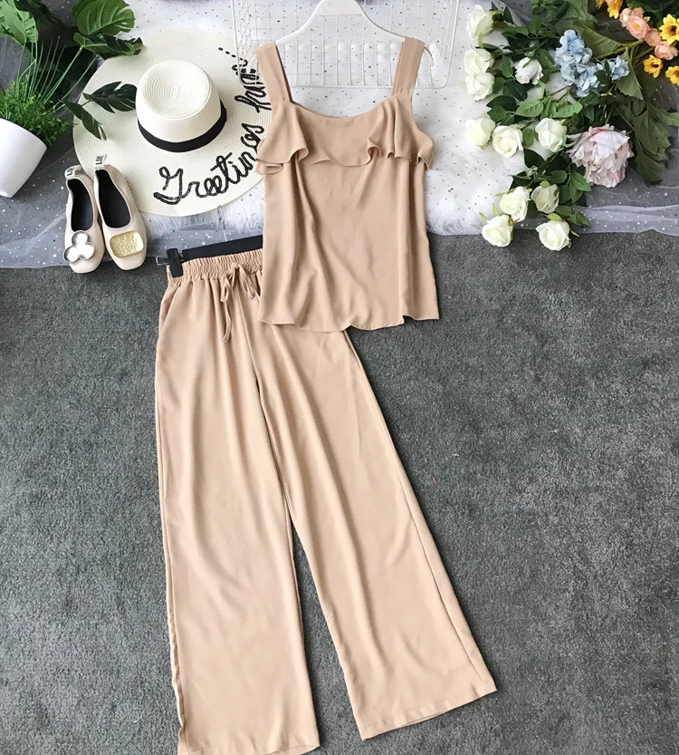 ALPHALMODA/ летний однобортный Топ с оборками+ широкие брюки, Женский повседневный комплект из 2 предметов, женские летние однотонные штаны, костюмы