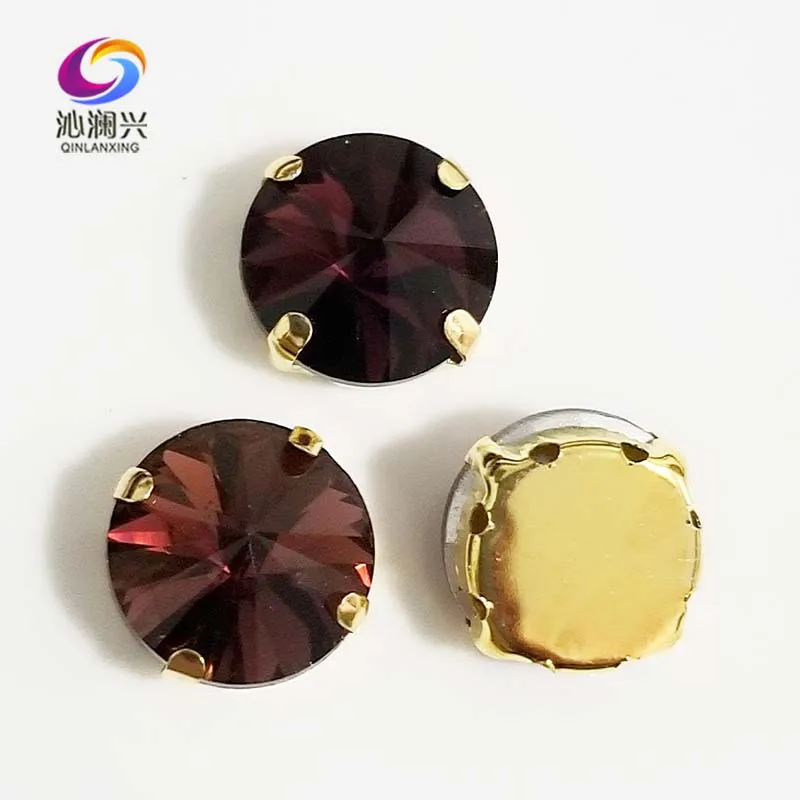 

Wine red round shape golden bottom AAA Glass Crystal sew on claw rhinestones with holes,Diy Clothing accessories SWRG17