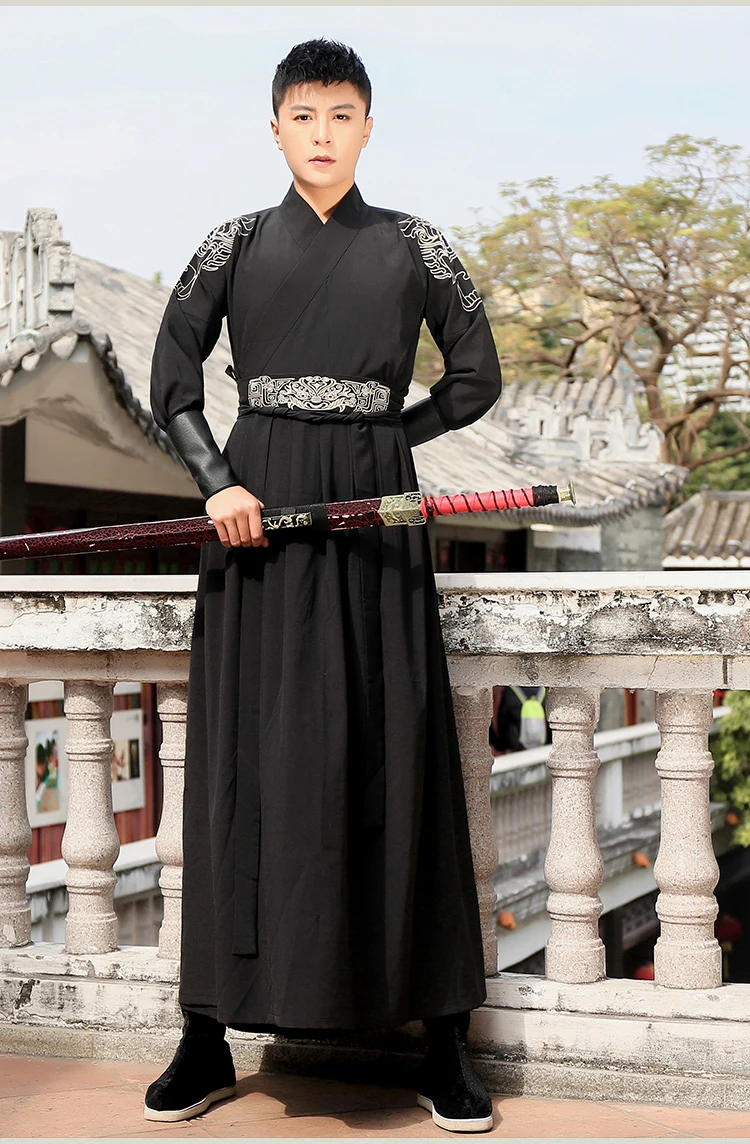 Hanfu мужской Древний китайский костюм черная одежда ушу традиционный старинный сценический наряд Династия Цин костюм представление DNV11614