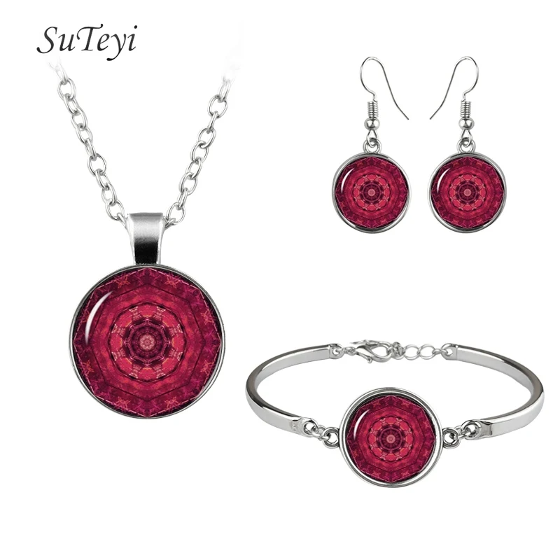 6 SUTEYI, стиль, круглые стеклянные серьги, Geomertry, чакра, браслет, ожерелье, ювелирный набор, Йога, искусство, изображение, ожерелье s - Окраска металла: 6