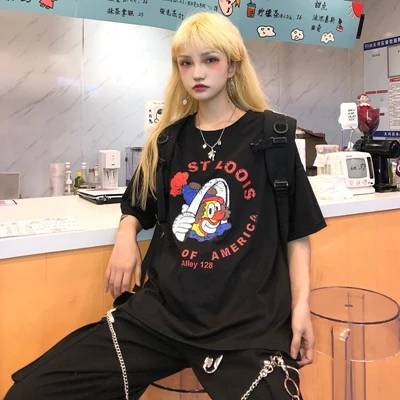 black Kawaii Bunny вышивка корейский Харадзюку короткий рукав Футболка сараинг Стиль Круглый вырез половина рукав дикая женская футболка Топ - Цвет: black