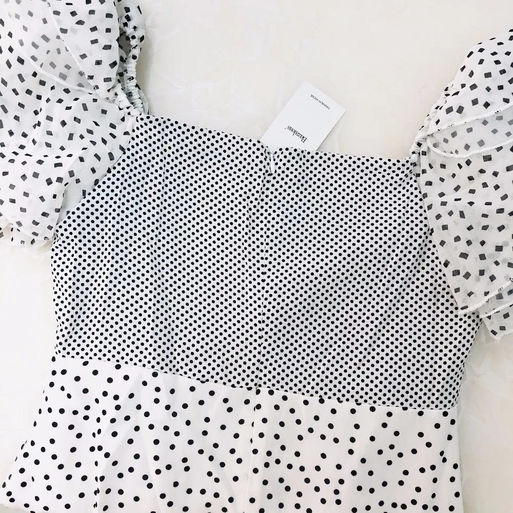 С открытыми плечами пышные рукава Vestido Dot печати лоскутное женское платье