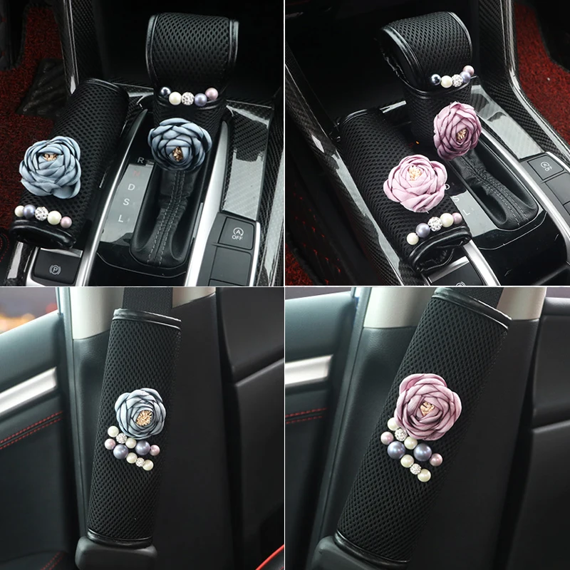 Pearl Flower Rhinestone Handbrake Cover Gear Shifter Covers Car Seat Belt Covers Summer Car Interior Accessories Women Pearl Flower Rhinestone Handbrake Cover Gear Shifter Covers Car Seat Belt Covers Summer Car Interior Accessories Women