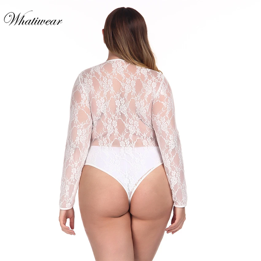 Whatiwear плюс размер с длинным рукавом Кружевное боди прозрачное женское тело