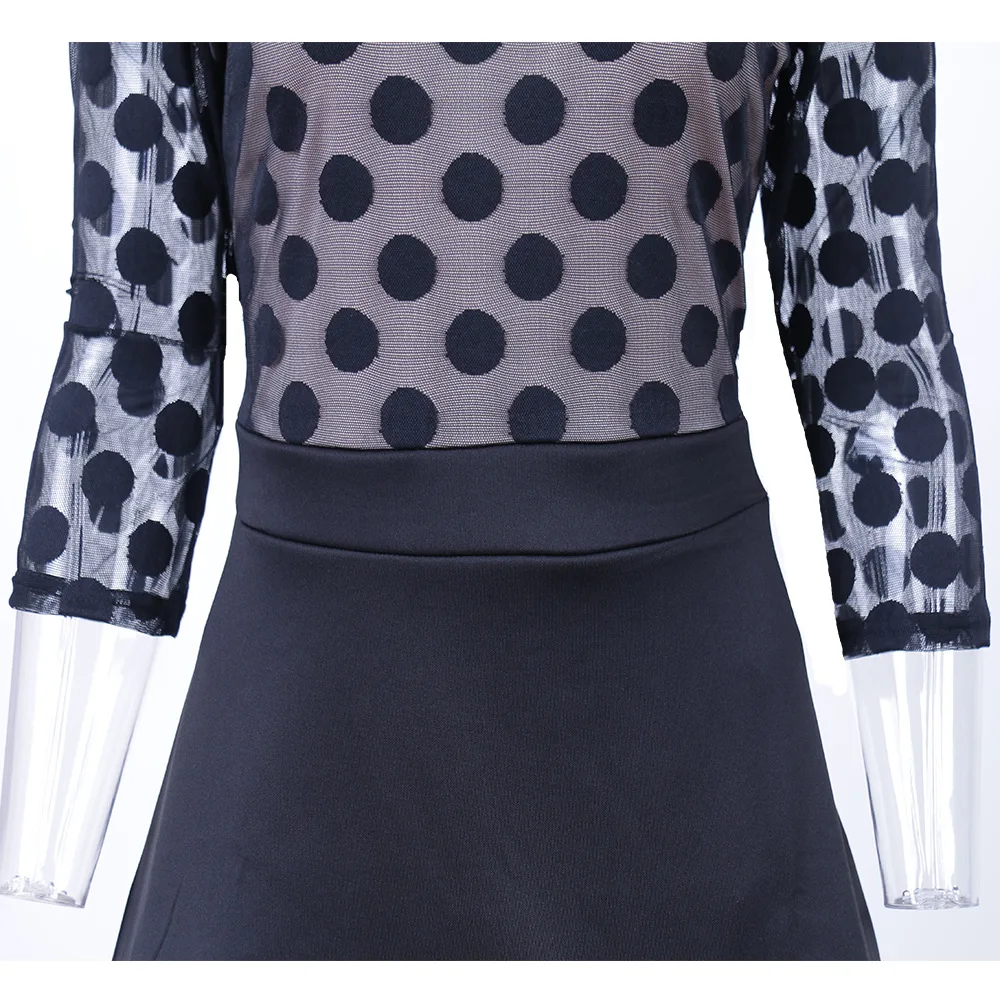 Сарафан миди Sheer Dots платье три четверти рукав o-образным вырезом Bodycon Elegent платья
