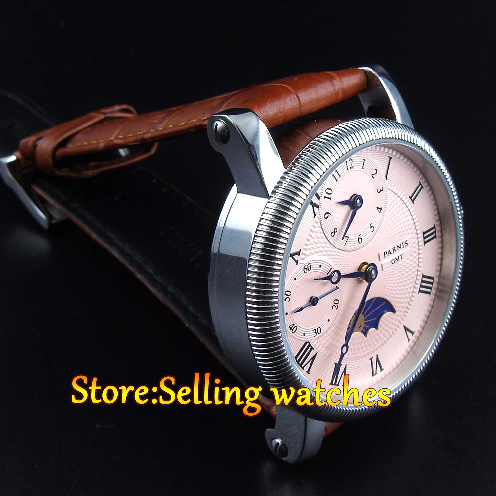 42 мм Мужские часы parnis с розовым циферблатом GMT Moon Phase