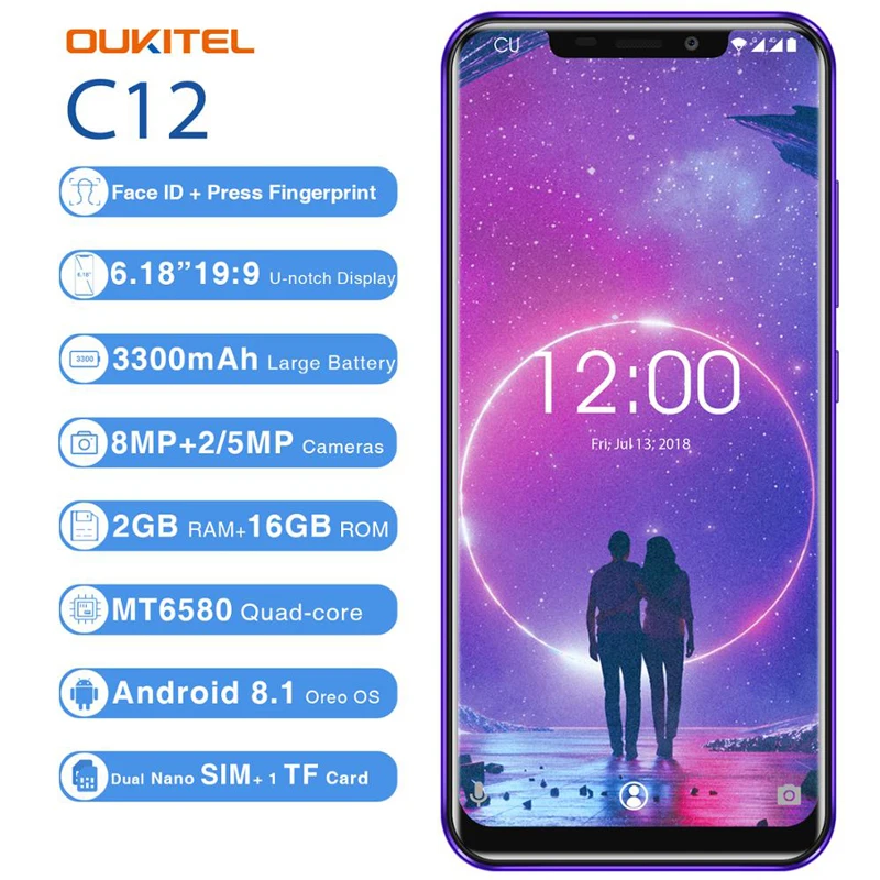 OUKITEL C12 Face ID 6 18 &quot19:9 Android 8 1 3300 мАч смартфон MTK6580 четырехъядерный 2 Гб ОЗУ 16 ПЗУ