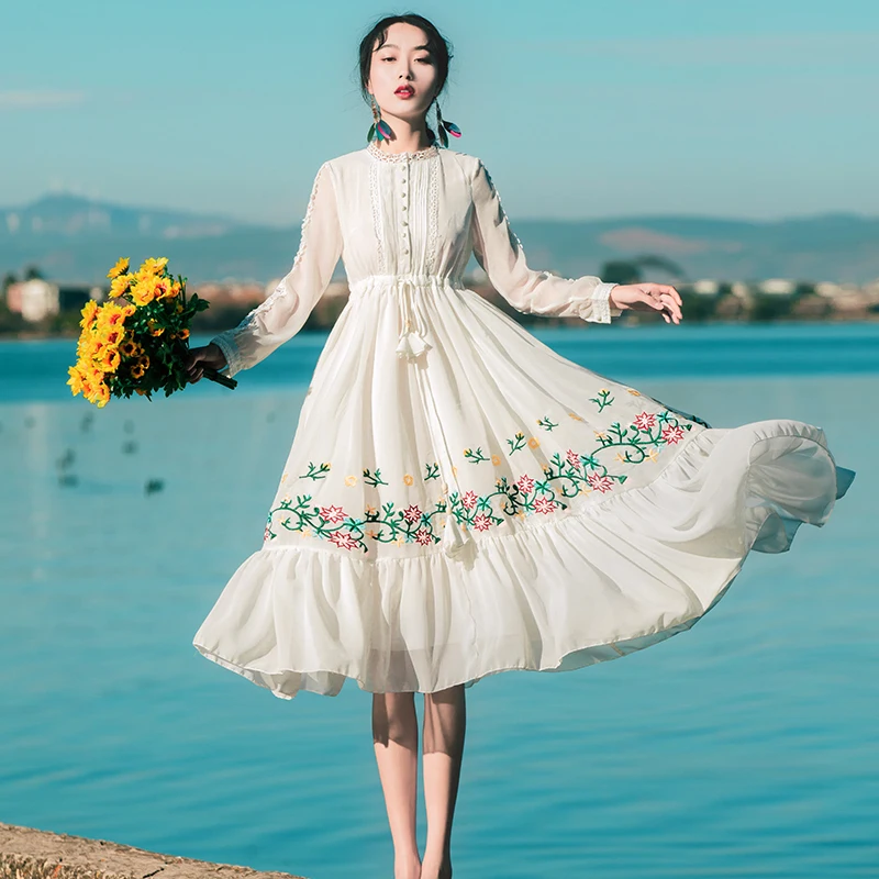 Summer Dress 2020 Women Casual Beach Chiffon White Lace Dress Vintage Floral Embroidery Party Dresses Vestidos Mujer