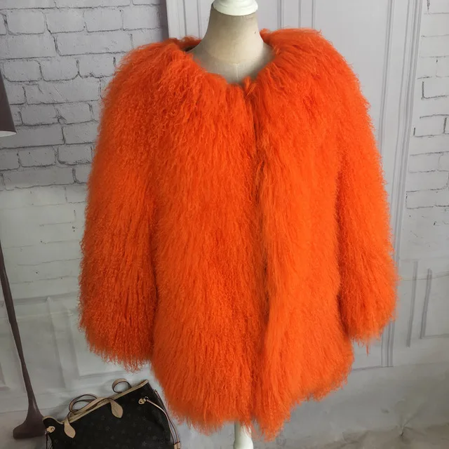 Orange Миланское шоу, женская шуба из овечьей шерсти, желтовато-коричневая овца, шуба, длинная куртка из овечьей кожи, 70 см, Монгольская овечья шуба из натурального меха - Цвет: Orange
