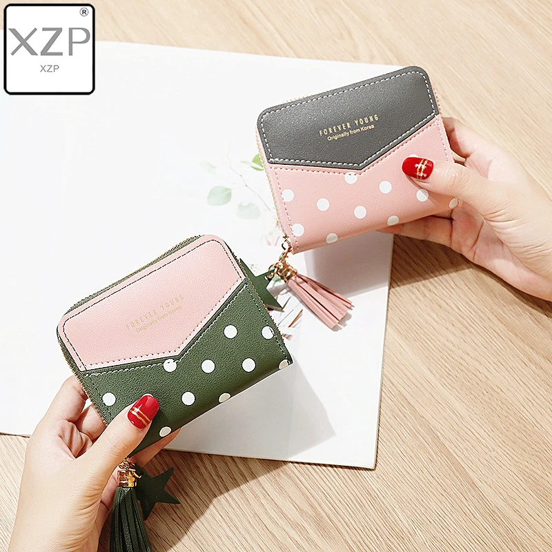 

XZP 2019 Women Purse Multi-card Cute Wallet Leather Polka Dot Purses Tassel Coin Mini Wallets Short Money Pouch Ladies Moneybag