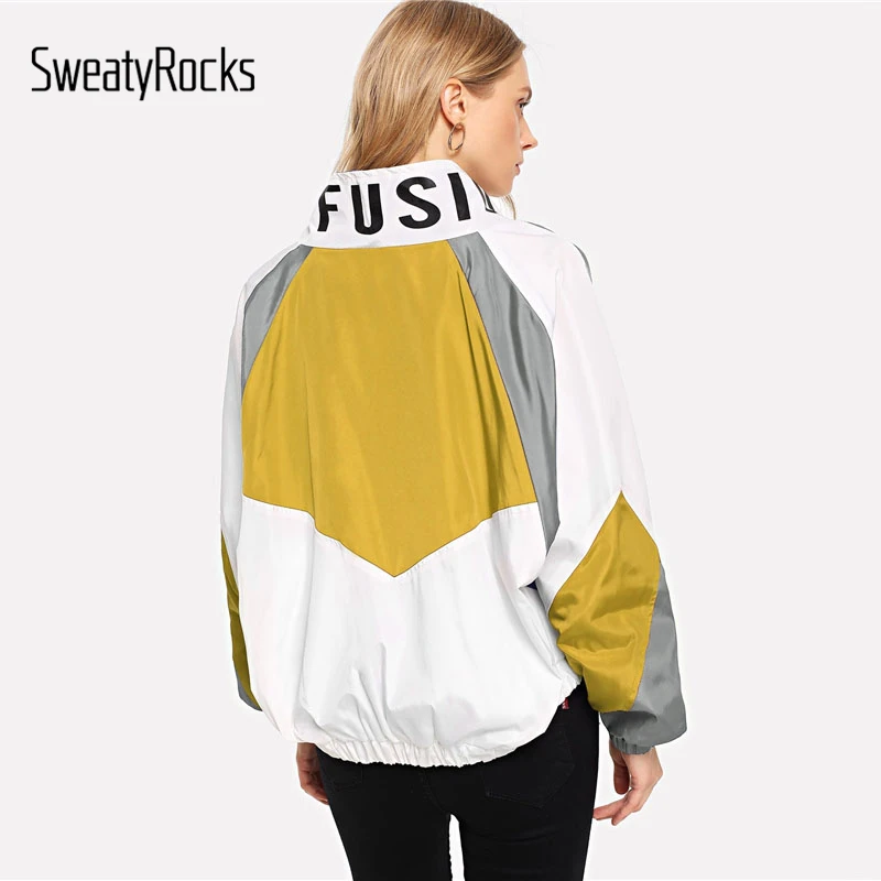 SweatyRocks куртка на молнии с буквенным принтом и цветными блоками, спортивная одежда, осенняя куртка-бомбер со стоячим воротником, женские осенние повседневные пальто