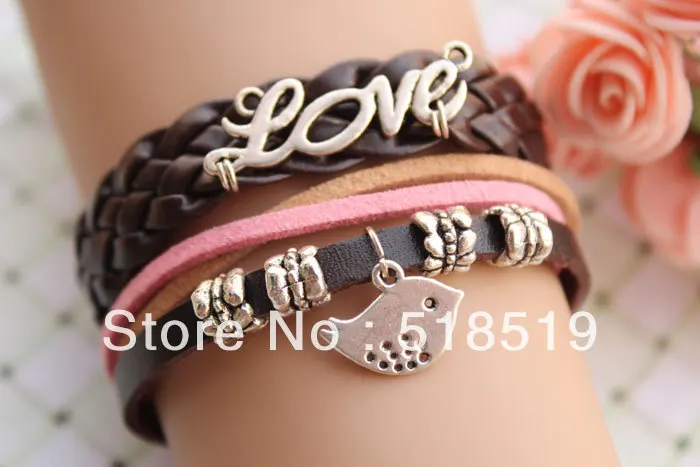 12PCS/LOT!Free Shipping!Silver Alloy LOVE Leather Suede Cuff Bracelet Multilayer Charm Fashion Bird Women Costume Jewelry A-586 | Украшения