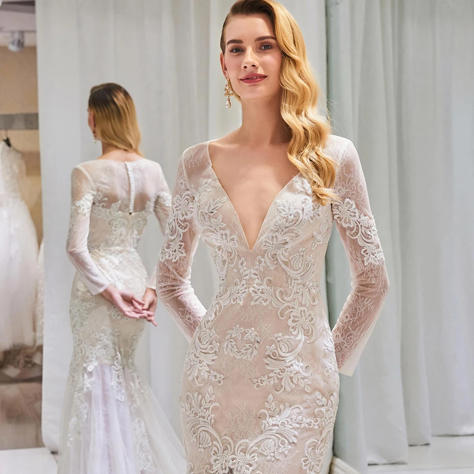 Dressv v-образным вырезом Свадебное платье Русалка Аппликации с длинным рукавом