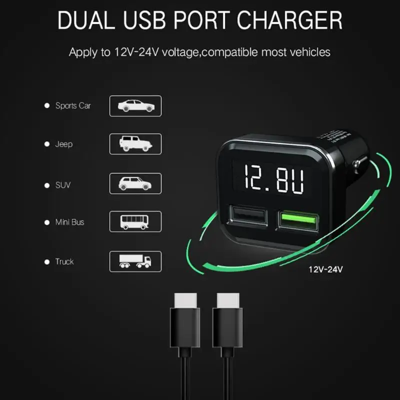 Цифровой ЖК-дисплей двойной USB Автомобильное зарядное устройство 3.0A адаптер питания для быстрой зарядки для iPhone для samsung смартфон зарядное устройство