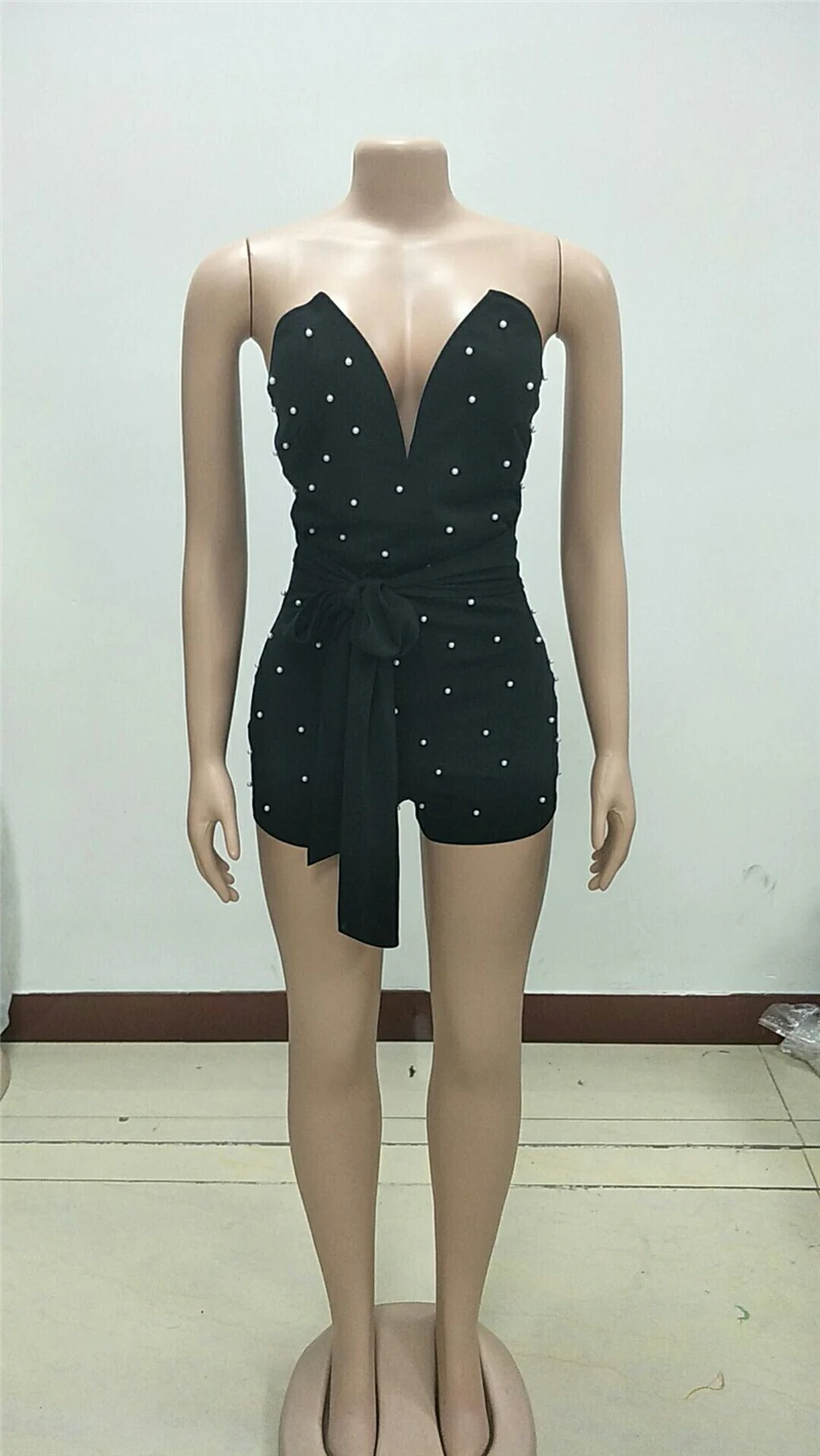 Женский комбинезон с жемчужинами V образным вырезом и бантом|Комбинезоны c