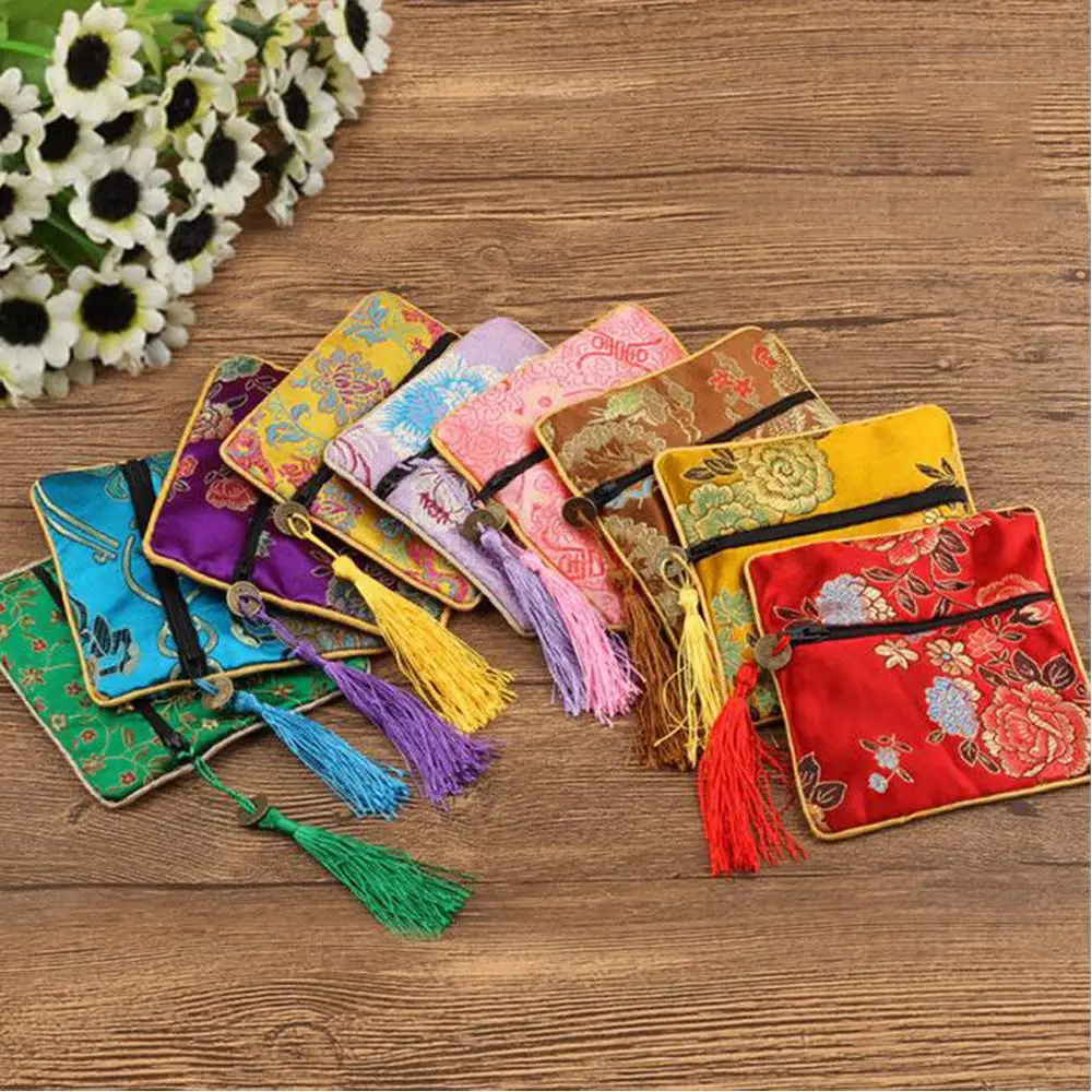 

1Pc Handmade Tassel Rectangle Zipper Gift Coin Purse Chinese Style Silk Brocade Jewelry Bag Trinket Comb Cosmetic Storage Pouch