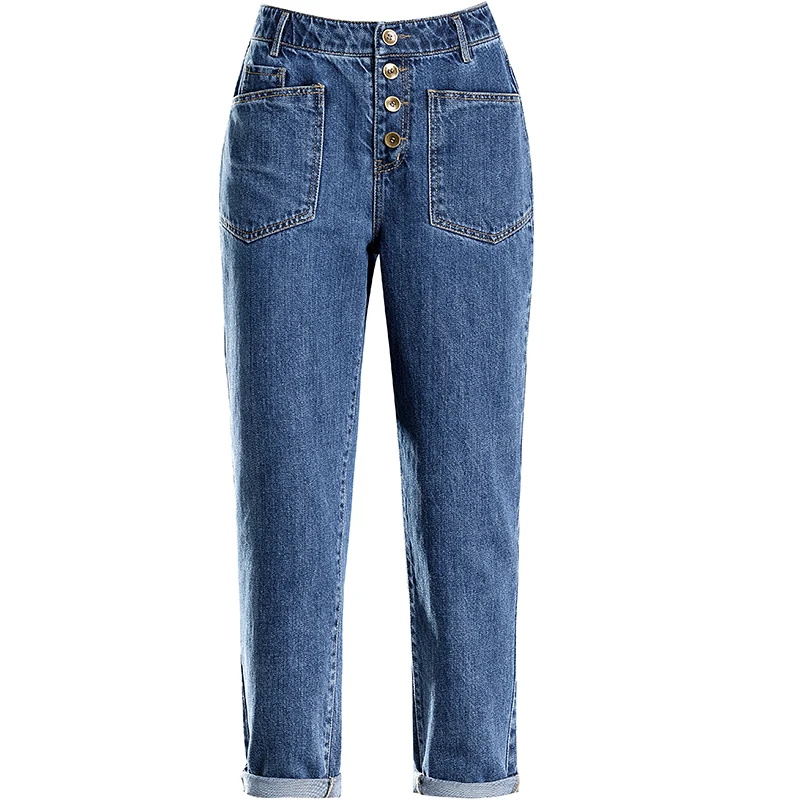 Cuffs Harem Jeans High Waist Boyfriend Denim Loose Mom Ankle Length Pants Female Four Button Fashionable Blue Large Size | Женская