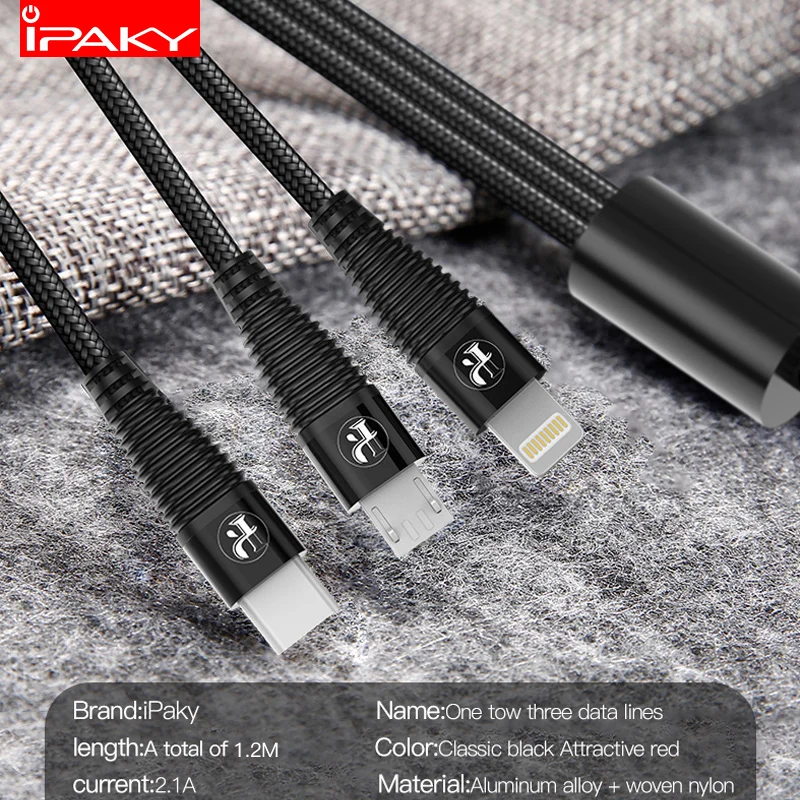 IPAKY 3 в 1 USB кабель 3A для Мобильный телефон Micro Type C зарядный iPhone XR XS Max X Huawei шнур