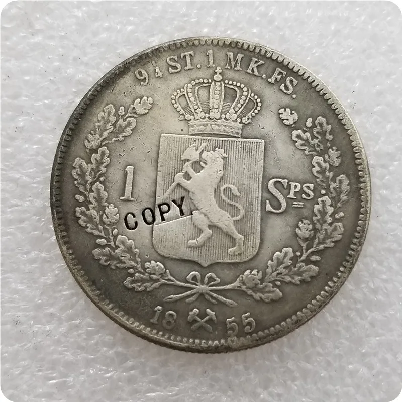 1846-1857 Норвегия 1 специальный дальер-Оскар копии монет - Цвет: 1855