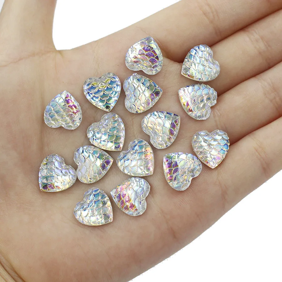 Fnixtar 100pcs 12mm shiny AB color figure of fish scale heart Resin Flat back Cabochon Art Supply Decoration Charm Craft | Украшения и