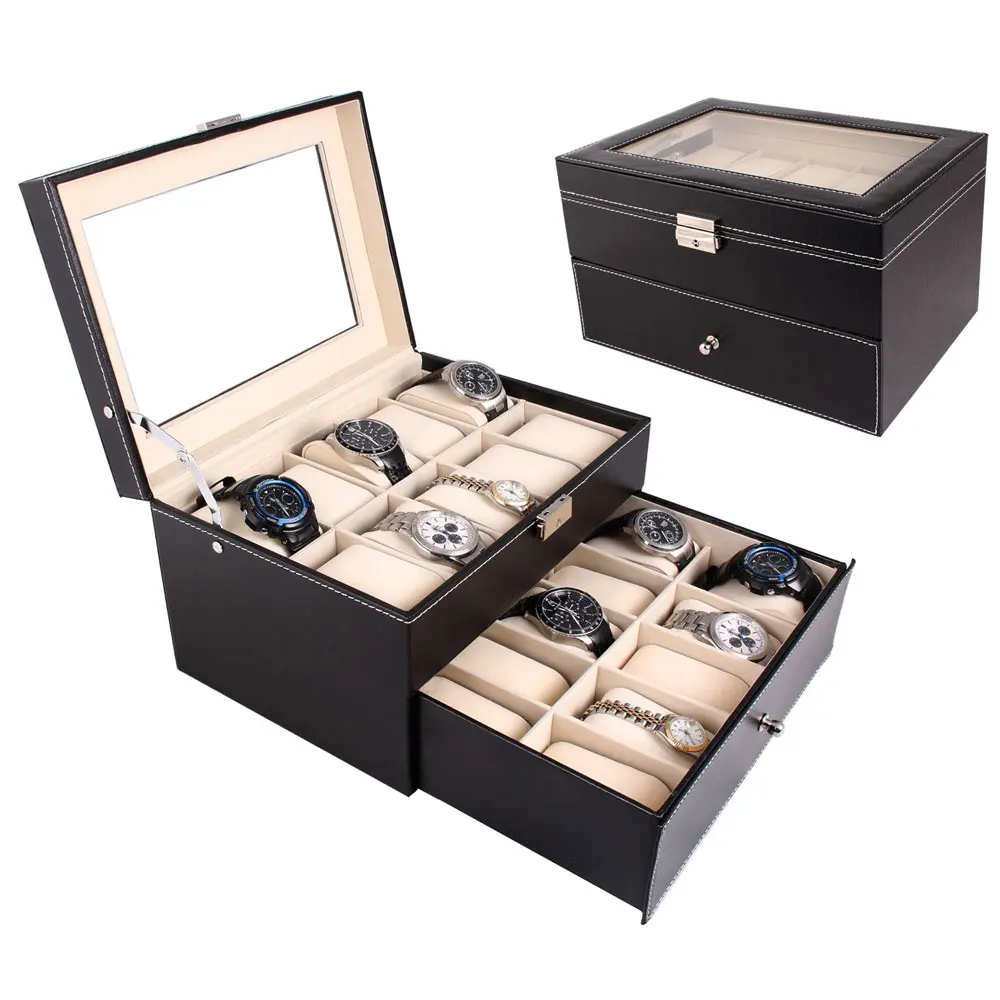 20 Girds Dual Layers PU Leather Watch Box Case Elegant Wooden Collection for Clock Watches Jewelry Boxes Display | Наручные часы