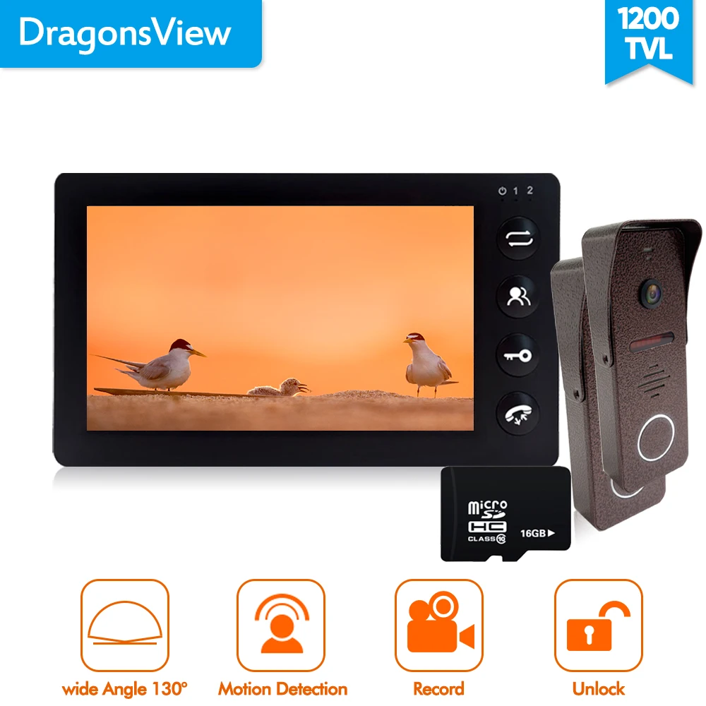 Dragonsview 7 дюймов видеодомофон с записью 16 Гб sd карта 1 черный внутренний монитор + 2