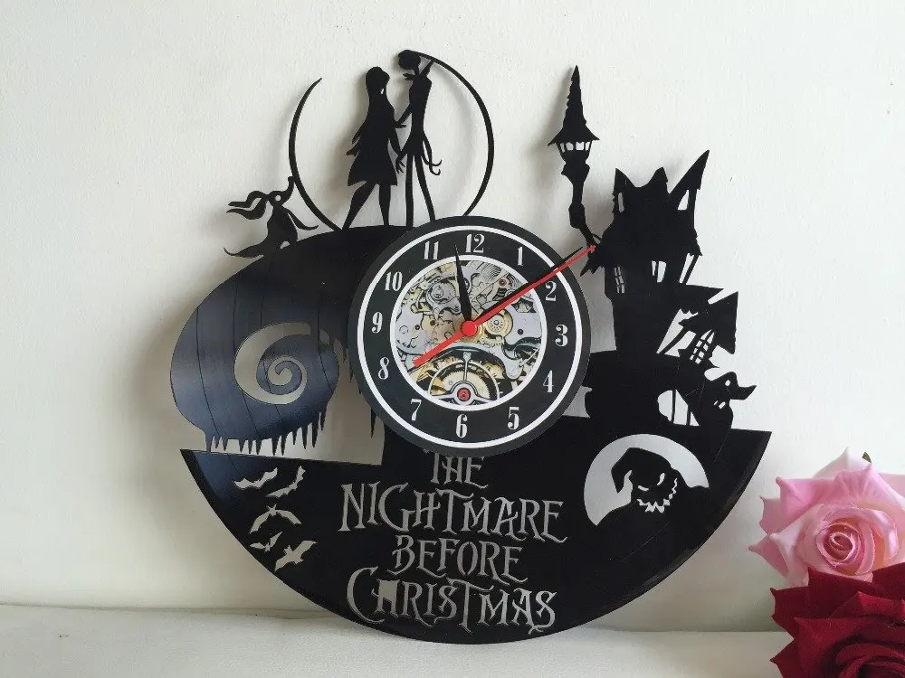 Lovinland Wall Clock Vintage 30cm 12 inch Jack and Sally Nightmare Before Christmas Vinyl Record CD 3D Antique | Дом и сад
