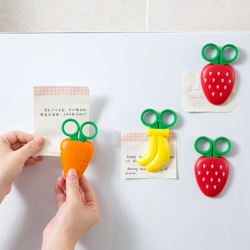 

Strawberry Banana Carrot Shape Fridge Magnet with Small Scissor Decorative Sticker Stainless Steel Art Scissor Gift for Kids