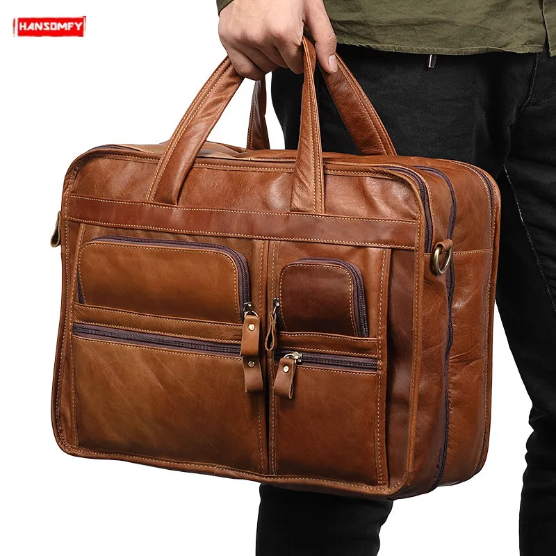 2021 New Genuine Leather Men s Briefcases 15  Laptop Business Handbags Men Tote Crossbody Bags Vintage Briefcase Messenger Bags