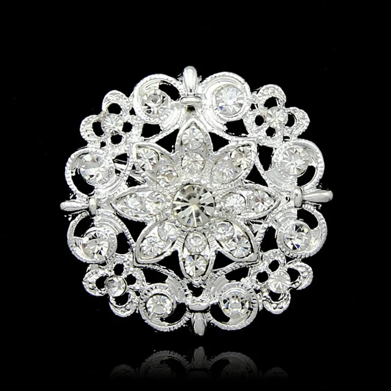 Роскошный блестящий круглый цветок с кристаллами стразами серебряный цвет броши