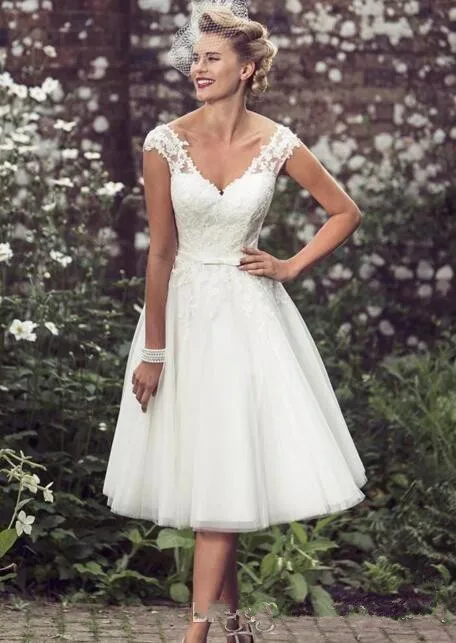 

New Beach Elegant Tea Length Wedding Dresses Cap Sleeves Appliques Lace Tulle V Neck Short Bridal Gowns Cheap robe dubai soiree