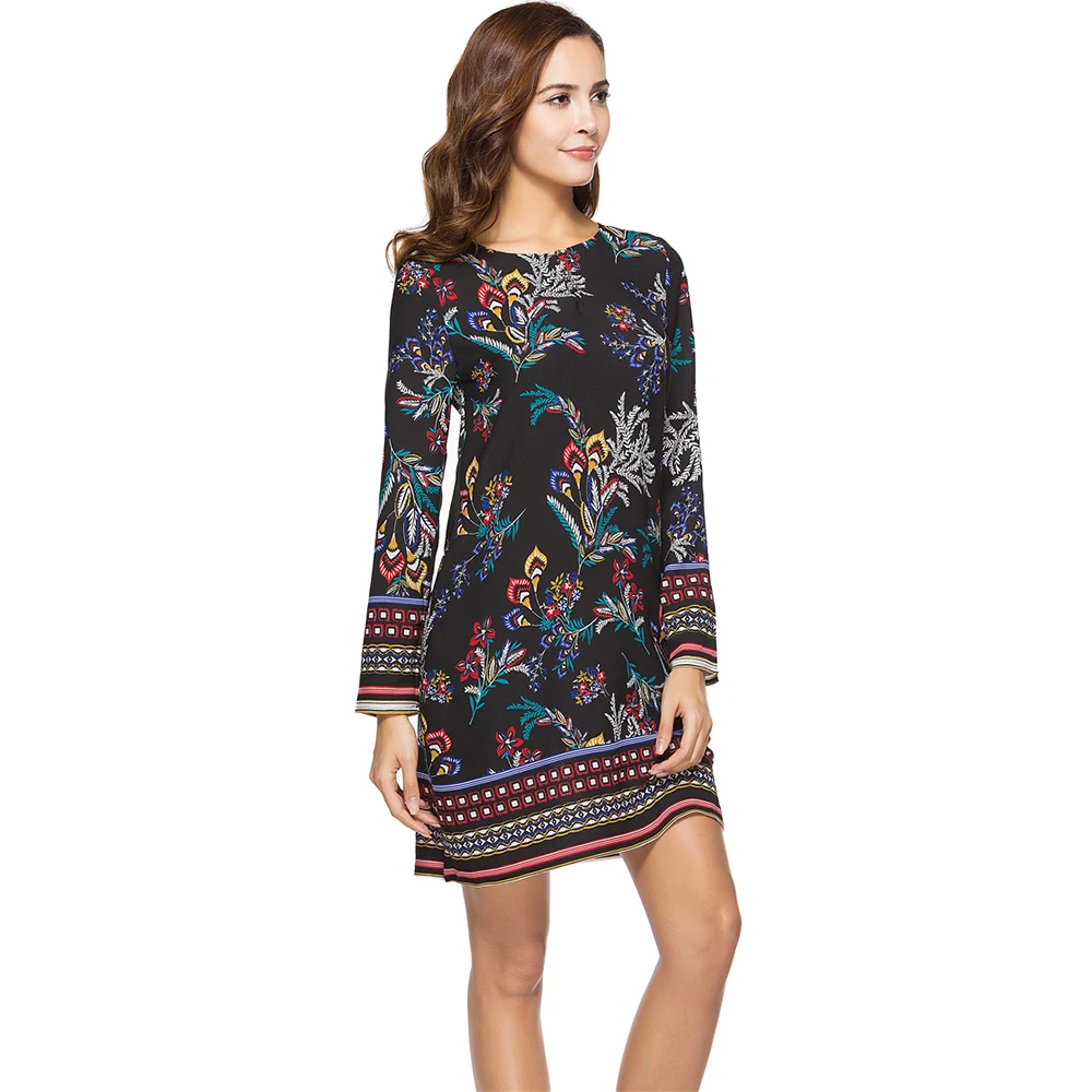 Для женщин Этническая мини-платье 2018 новый черный прямо цветочный принт Круглый