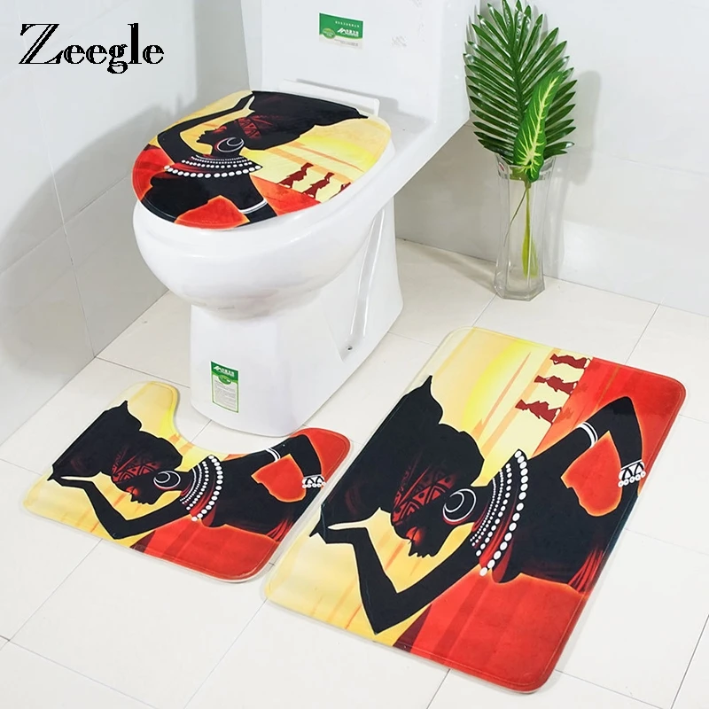 

Zeegle African Woman Pattern Bathroom Mats 3Pcs Carpet Bathroom Absorbent Cover Toilet Rugs Shower Room Mats Non-slip Bath Mats