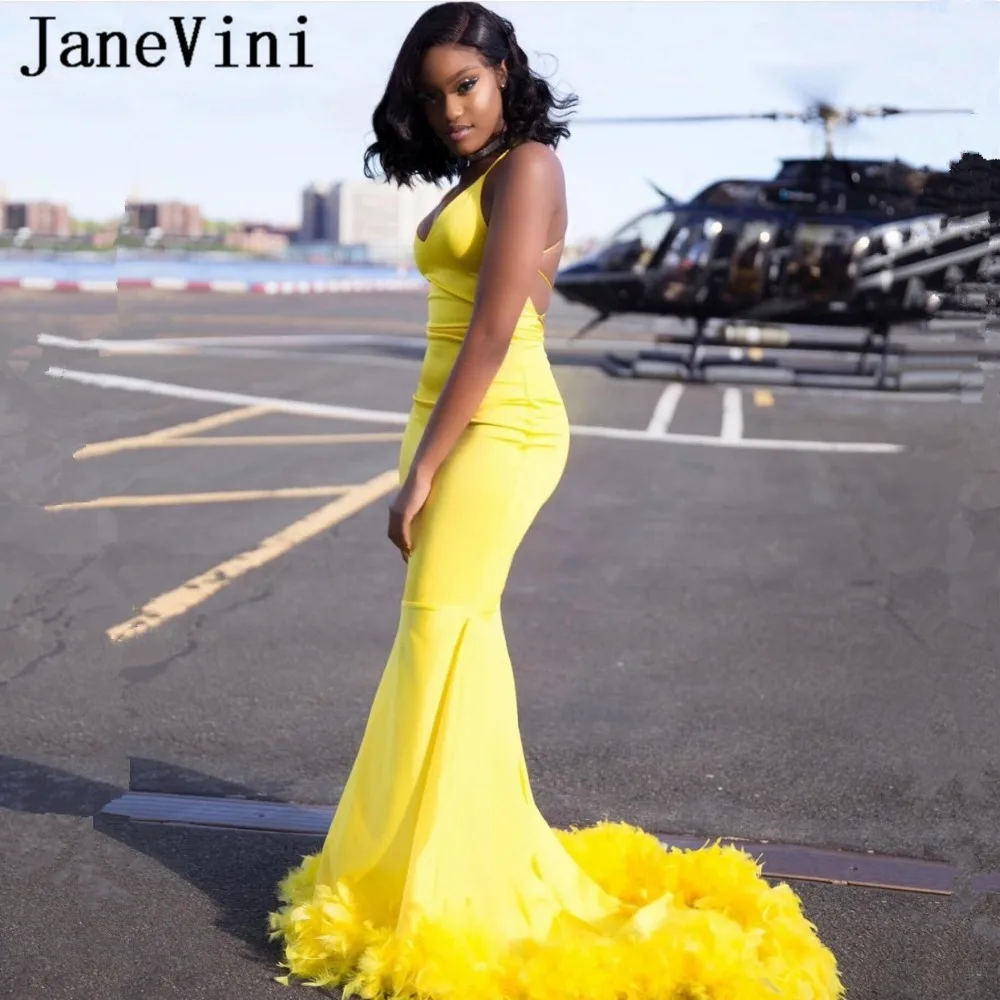 

JaneVini Sexy African Mermaid Long Evening Dresses 2019 Spaghetti Straps Feathers Backless Satin Formal Yellow Gown Abendkleider