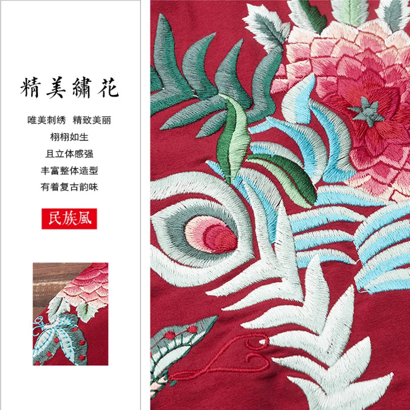 2018 Spring Autumn Black National Embroidered Feather Large Flower Pattern Long-sleeved Shirt women's t-shirt Tops Womens | Женская