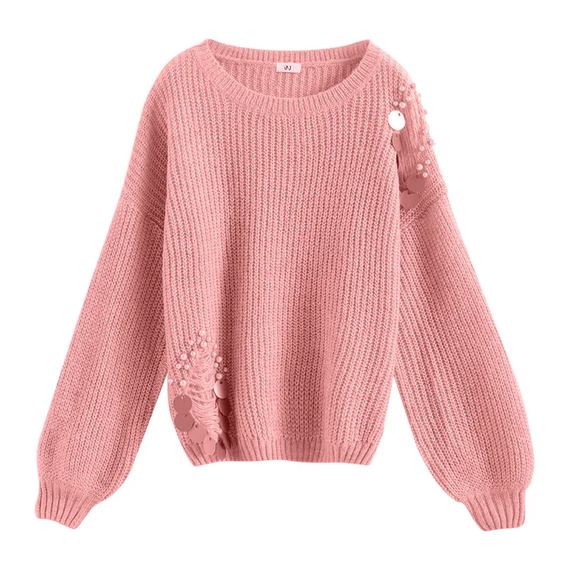 Sweat Sweater Women Autumn Winter Pullovers Solid Beading Causal Oversize Long-sleeve Knitted Sweaters CGM18163 | Женская одежда