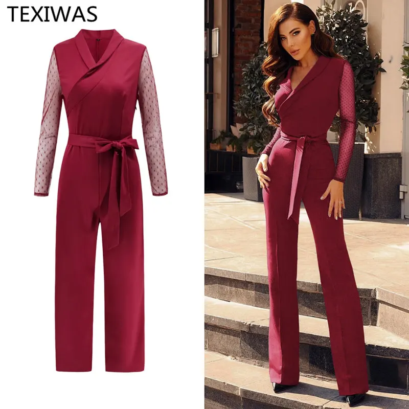 TEXIWAS Elegant Bodycon Romper Trousers V Neck Office Lady Suit jumpsuit overalls High lace up Party Jumpsuit Women Workwear | Женская