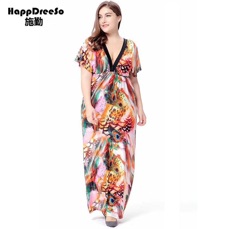 Пляжное платье с принтом длинное большого размера 6XL коротким рукавом и