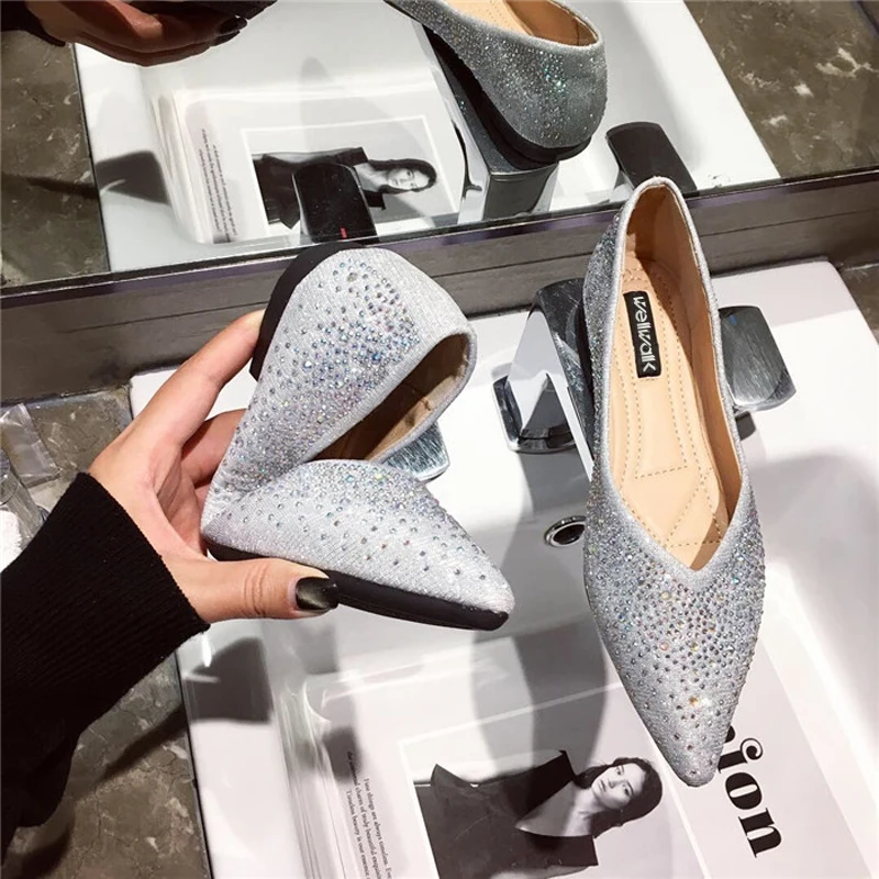 Wellwalk Flash Ballerinas Ladies Flat Shoes Women Crystal Ballet Flats Pointed Toe Moccasins Foldable Fashion Party Shoes Summer