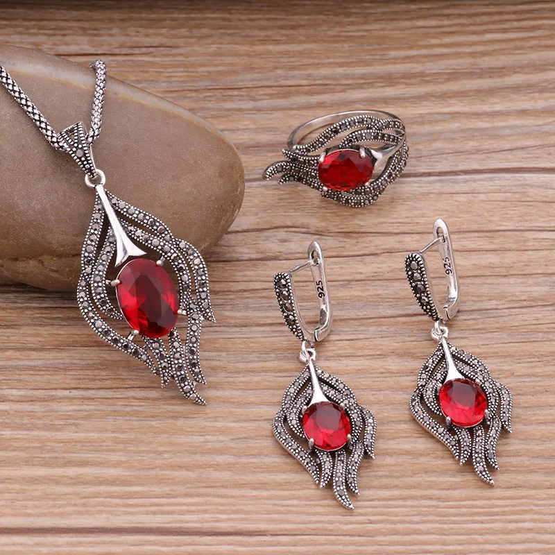 Feelgood Винтажный серебряный цвет перо ювелирный набор с синим кристаллом и черными