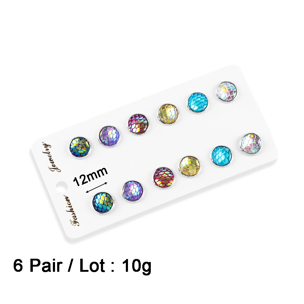 Модные женские 6 пар красивые круглые серьги гвоздики с кристаллами русалки