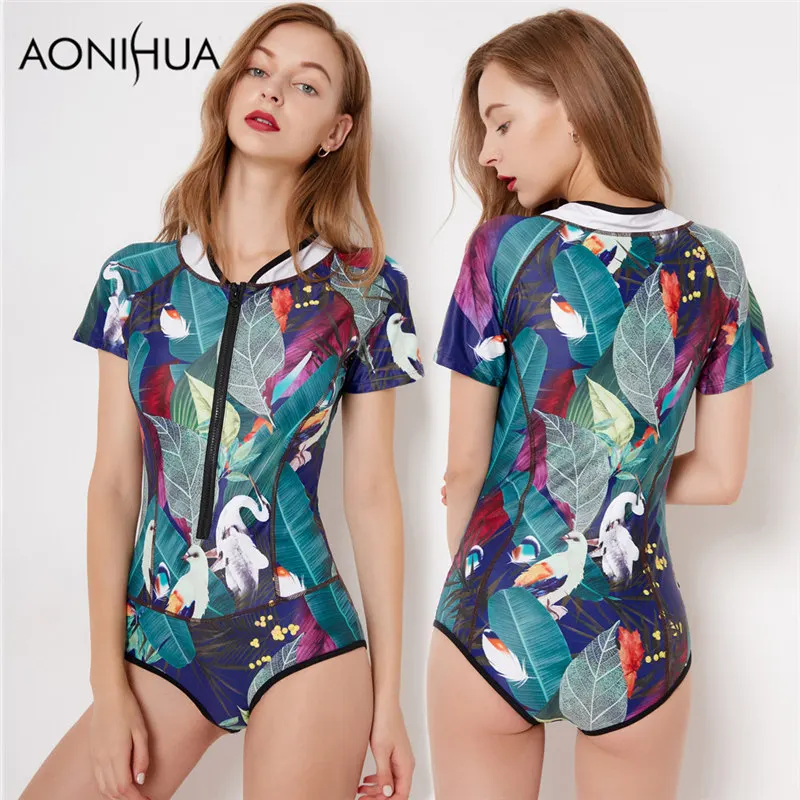 Зеленый AONIHUA женский купальник, сдельный купальник, винтажный принт с птицами, зеленые листья, короткий рукав, для серфинга, одежда для купания, XXL - Цвет: Зеленый