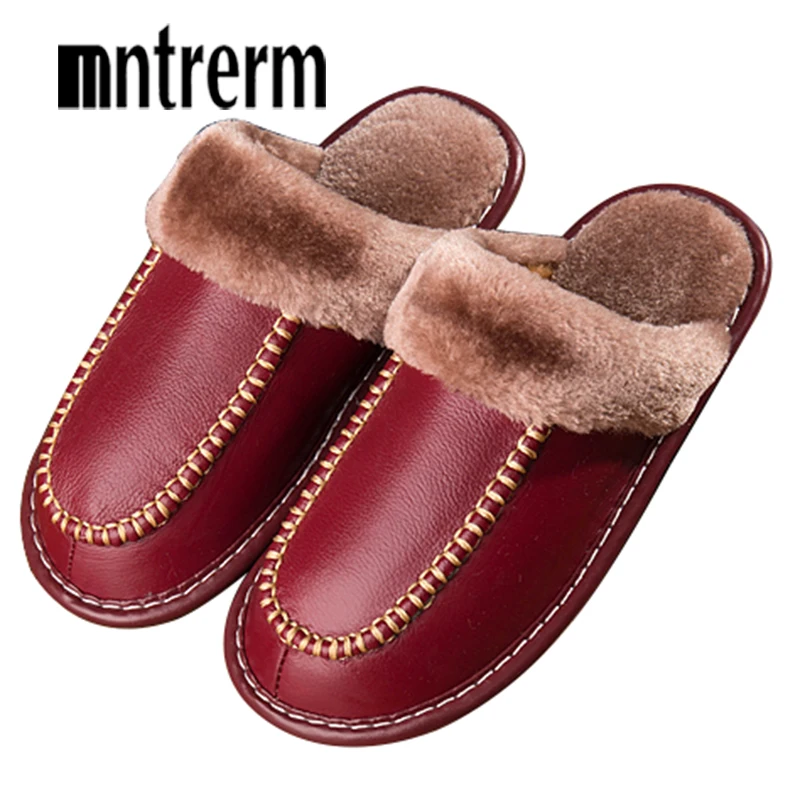 Mntrerm/мужские тапочки; Сезон Зима; натуральная кожа; толстая плюшевая домашняя обувь; нескользящие термальные тапочки; Новинка года; Лидер продаж