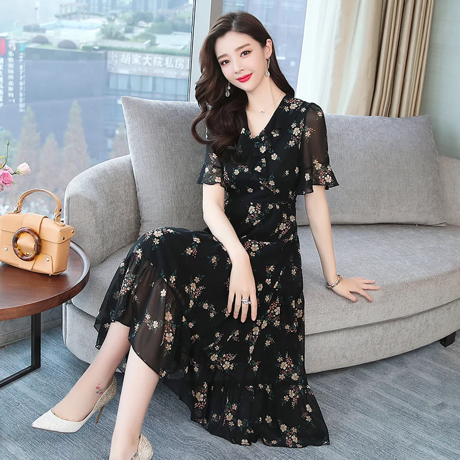 2019 корейский винтаж S 5XL плюс размер Boho корейское платье миди лето черный