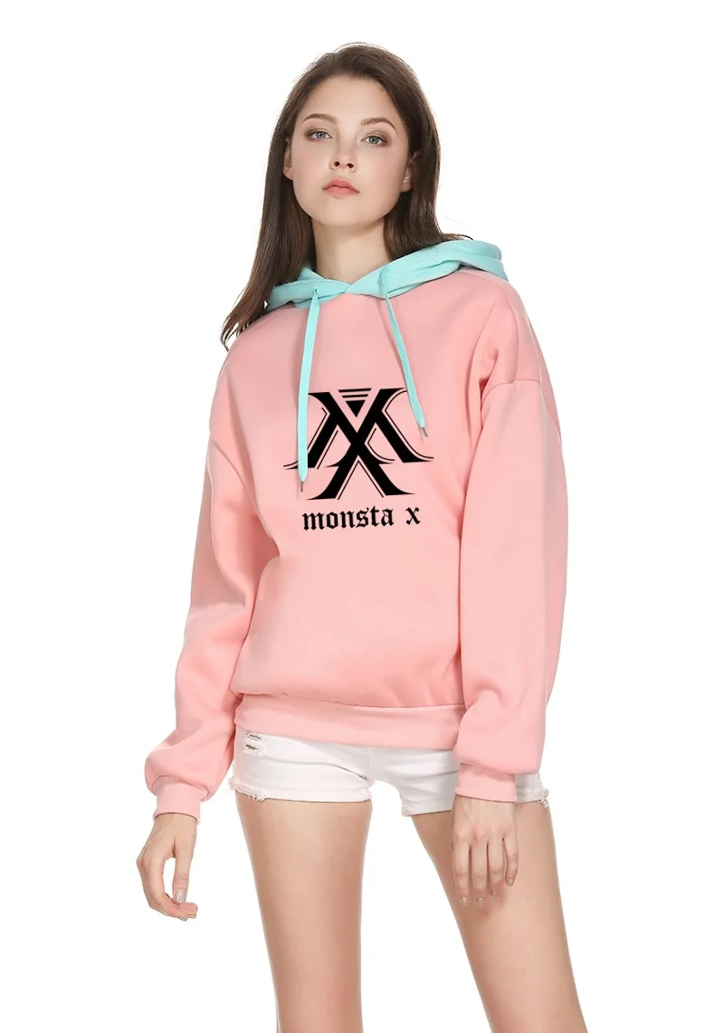 Kpop монста х же пункт с длинным рукавом шить цвет для женщин Толстовка Harajuku